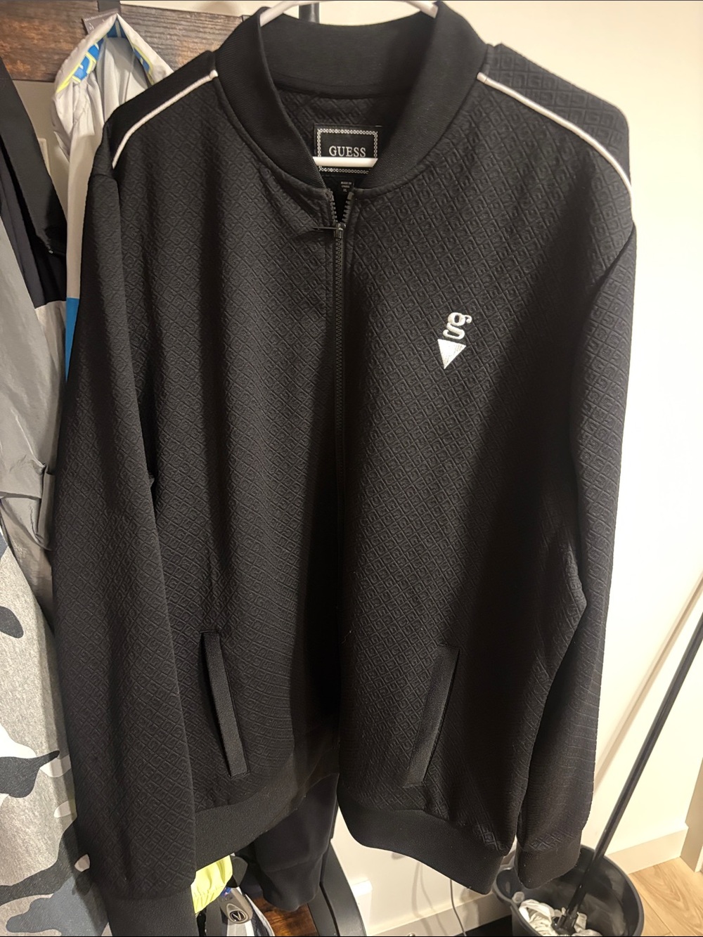 GUESS Black Textured Bomber Jacket with White Piping